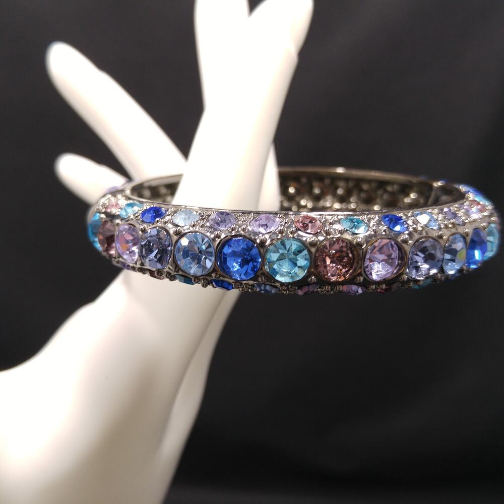 Vintage 1990s Rainbow Rhinestone Bracelet Hinged Magnetic Clasp 7.75" Statement